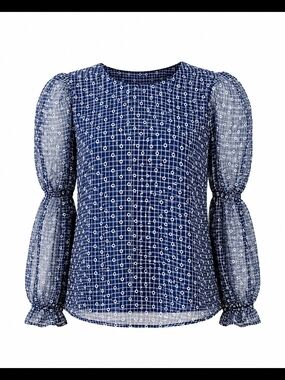 Eva Franco Navy Grid-Print Puff-Sleeve Blouse